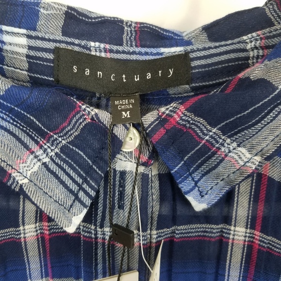 Sanctuary Blue Checked Plaid Boyfriend Button-Down Shirt – Size Large - Picture 3 of 5